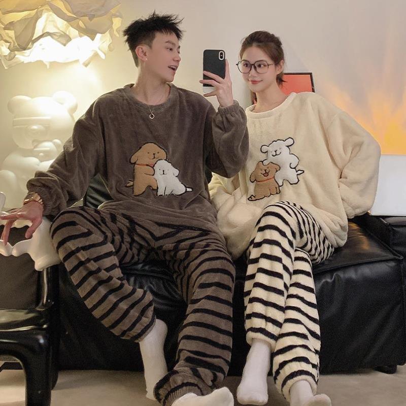 简约冬天睡衣套装女士可外穿家居服套头长裤加厚加绒睡衣秋冬甜美