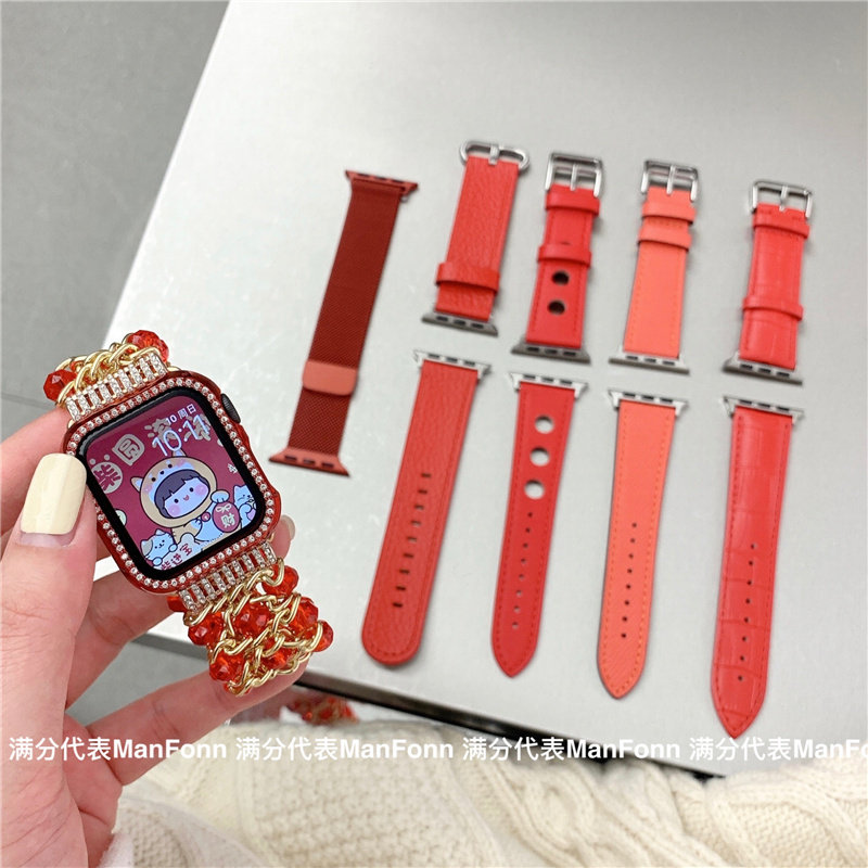 喜庆红色适用iwatch9苹果applewatch876代串珠链条真皮10se手表带