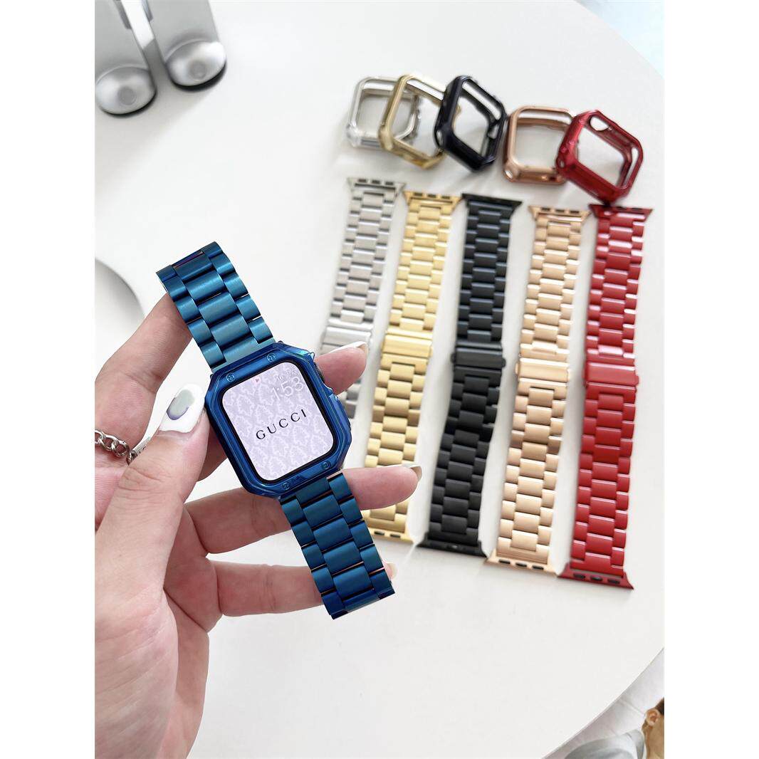 适用applewatch10SE苹果手表带三株链条不锈钢带金属iwatch11高级