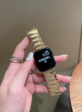 适用applewatch987苹果10手表带闪电纹不锈钢金属iwatch6SE5432