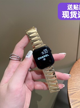 适用applewatch987苹果10手表带闪电纹不锈钢金属iwatch6SE5432