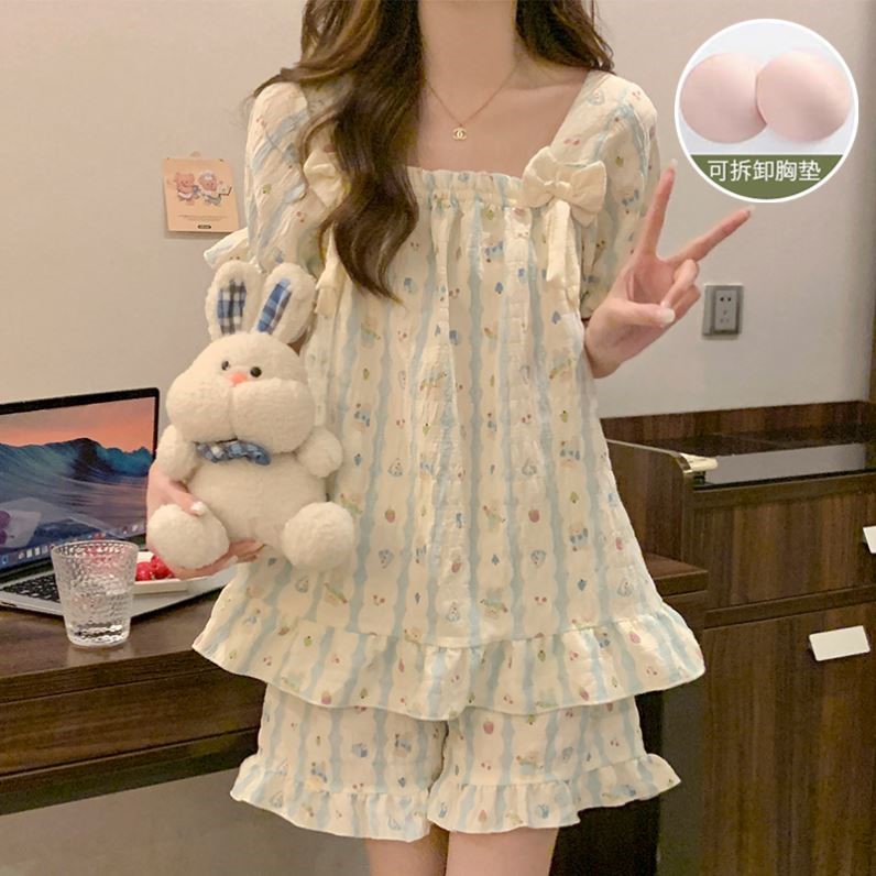 带胸垫睡衣女夏季短袖纯棉薄款高级感网红风套装夏天可外穿家居服
