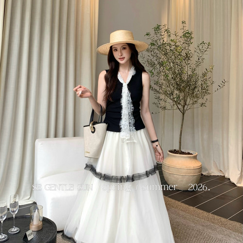 SE GENTLE SUN-高知绝美蕾丝背心+半身裙法式网纱两件套套装85467