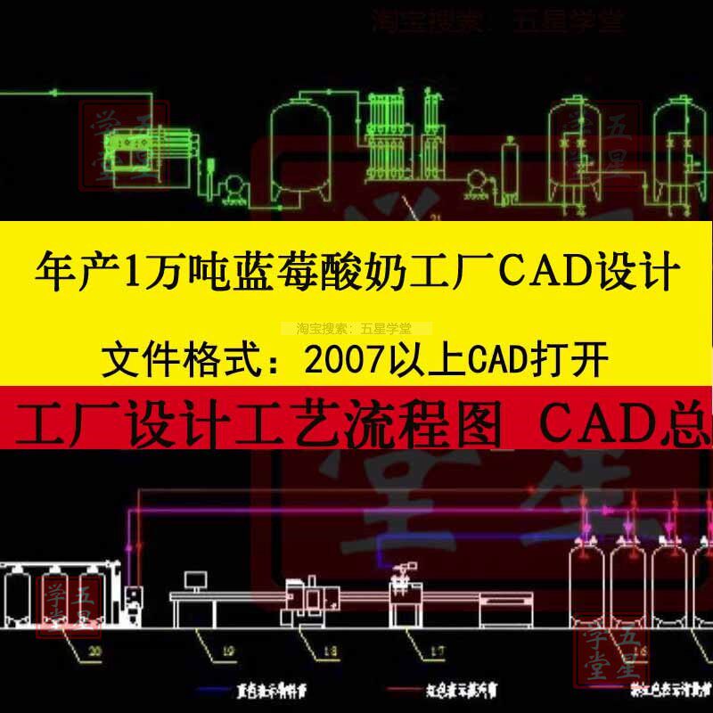 年产1万吨蓝莓酸奶工厂设计CAD生产车间工艺流程图总平面布置图