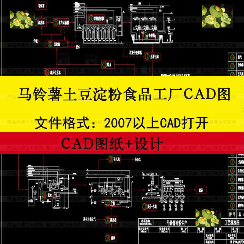马铃薯土豆淀粉食品工厂CAD车间设计建筑平面设备工艺流程布局置