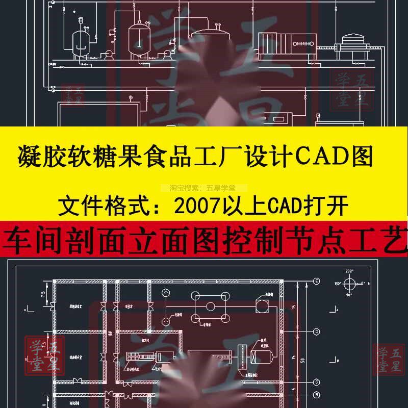凝胶软糖果食品工厂设计CAD图车间带控制节点工艺流程总平面布局