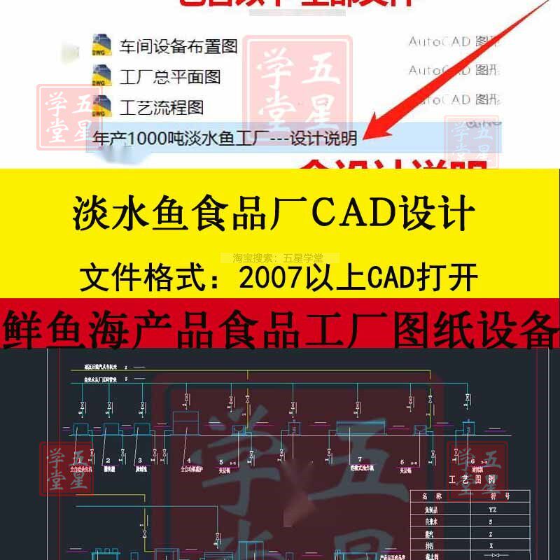 年产1000吨淡水鱼工厂CAD设计休闲鲜鱼海产品食品车间平面布置图