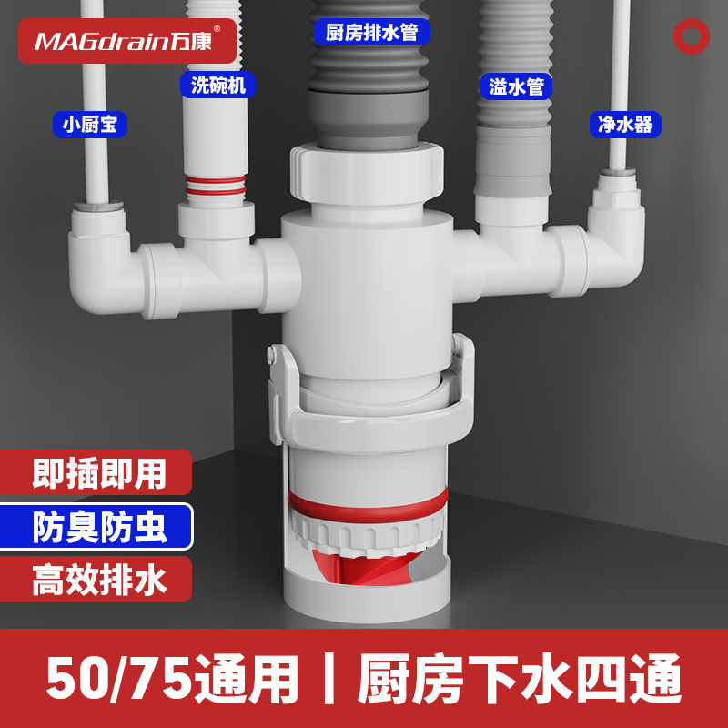厨房下水四通接头75排水管三头通