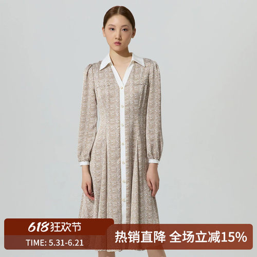 复古波浪印花衬衫领连衣裙