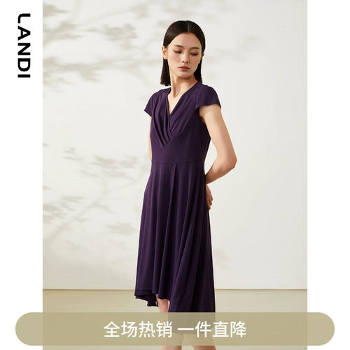 【三醋酸系列】蓝地夏季新款交叉收腰连衣裙女短袖气质中长裙