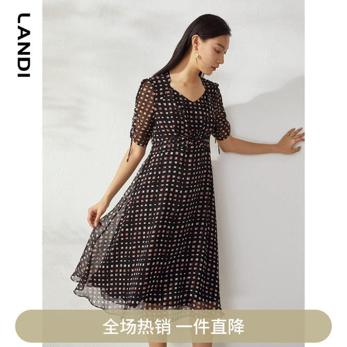 黑色几何印花抽绳连衣裙