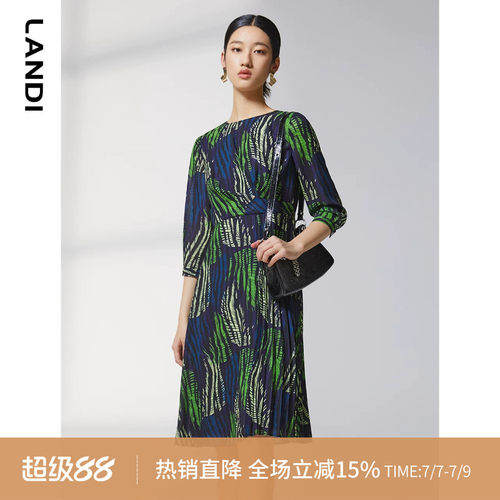 LANDI圆领复古艺术印花高腰压褶连衣裙女春新品小个子裙子