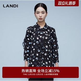 套头雪纺上衣 七分袖 LANDI飘带领荷叶边印花衬衫 女春新品