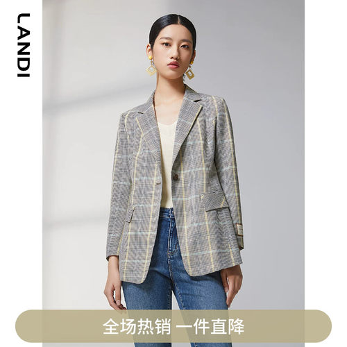 LANDI暖色系格纹修身羊毛休闲西装外套女春新品通勤西服上衣