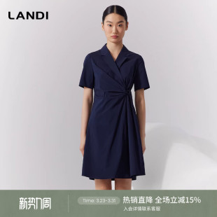 连衣裙女夏新品 LANDI藏蓝色法式 式 领收腰抽褶通勤衬衫 西装