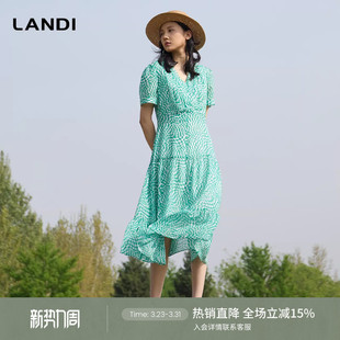 印花茶歇连衣裙女夏新品 LANDI青绿色法式 优雅度假风V领短袖