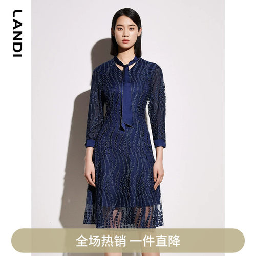 LANDI飘带V领网纱七分袖连衣裙女2023年春季新款收腰显瘦裙子