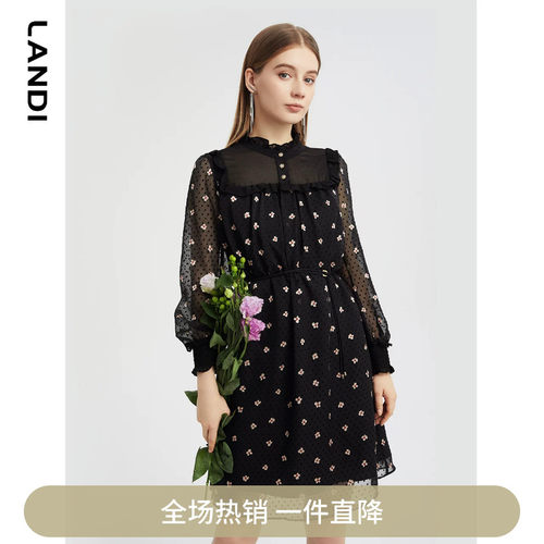 LANDI新款黑色荷叶领网纱长袖提花连衣裙女带内衬春夏裙子