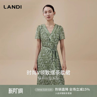 茶歇连衣裙女夏新品 LANDI绿野仙踪元 气绿碎花V领短袖