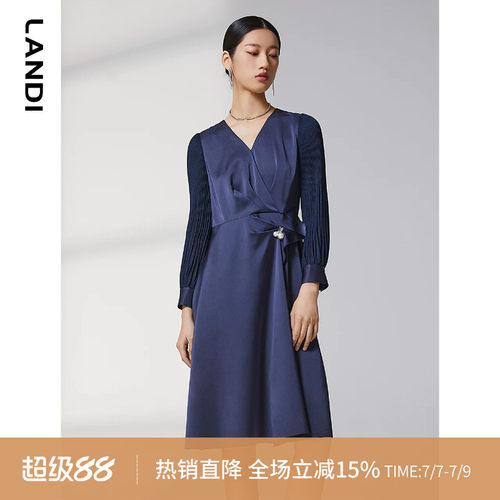 LANDIV领拼接醋酸面料九分袖连衣裙女2023年春季新款收腰裙子