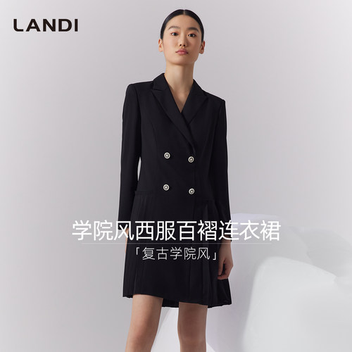 黑色学院风西装百褶连衣裙