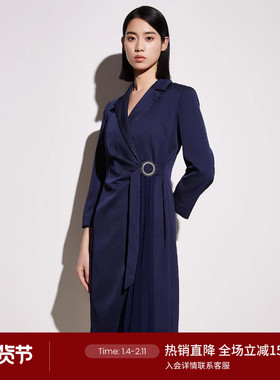 LANDI藏蓝色V领不对称压褶连衣裙女2023年春季新款九分袖裙子