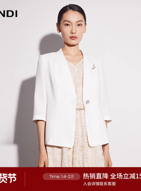 LANDI白色无领一粒扣收腰七分袖短款西装外套女上衣夏新品