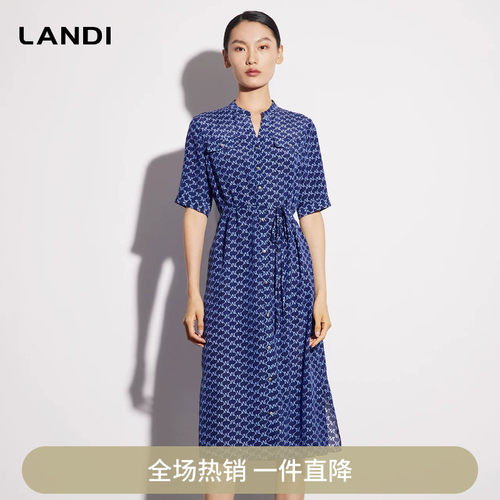 休闲气质真丝印花衬衫式连衣裙