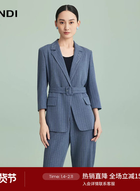 LANDI蓝地蓝色条纹七分袖系带收腰西装外套女西服夏新品