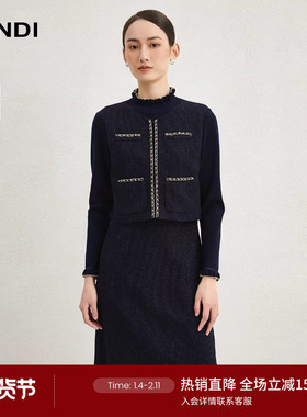 LANDI蓝地藏蓝色绵羊毛小香风半高领假两件连衣裙女2024冬新品