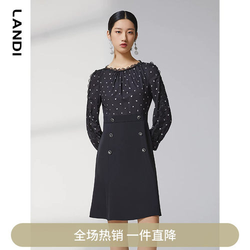 LANDI蕾丝花边圆领印花拼接连衣裙女春新品设计感通勤裙子