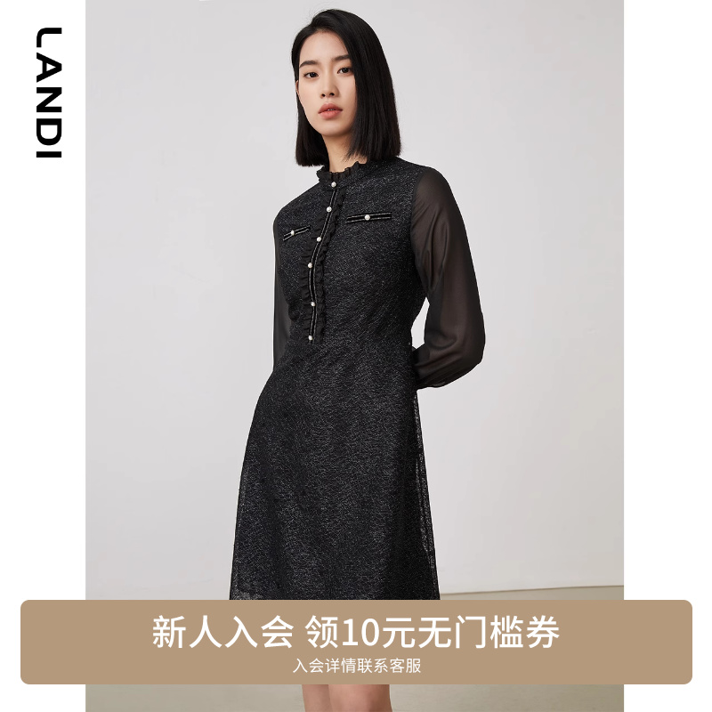 LANDI黑色网纱蕾丝拼接小香风连衣裙女春季新款礼服裙