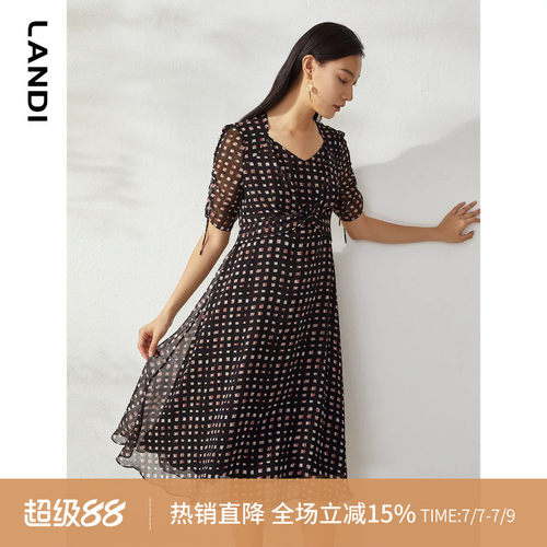黑色几何印花抽绳连衣裙