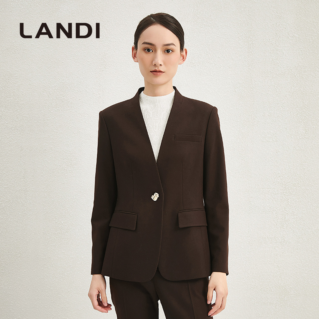 LANDI深棕色羊毛无领西服外套
