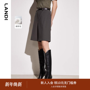 春夏新品 女高腰休闲五分裤 短裤 LANDI墨绿羊毛直筒通勤西装