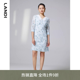 LANDI蓝地浅蓝色法式优雅气质V领蕾丝绣花连衣裙女收腰显瘦夏新品