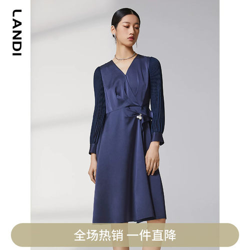 LANDIV领拼接醋酸面料九分袖连衣裙女2023年春季新款收腰裙子