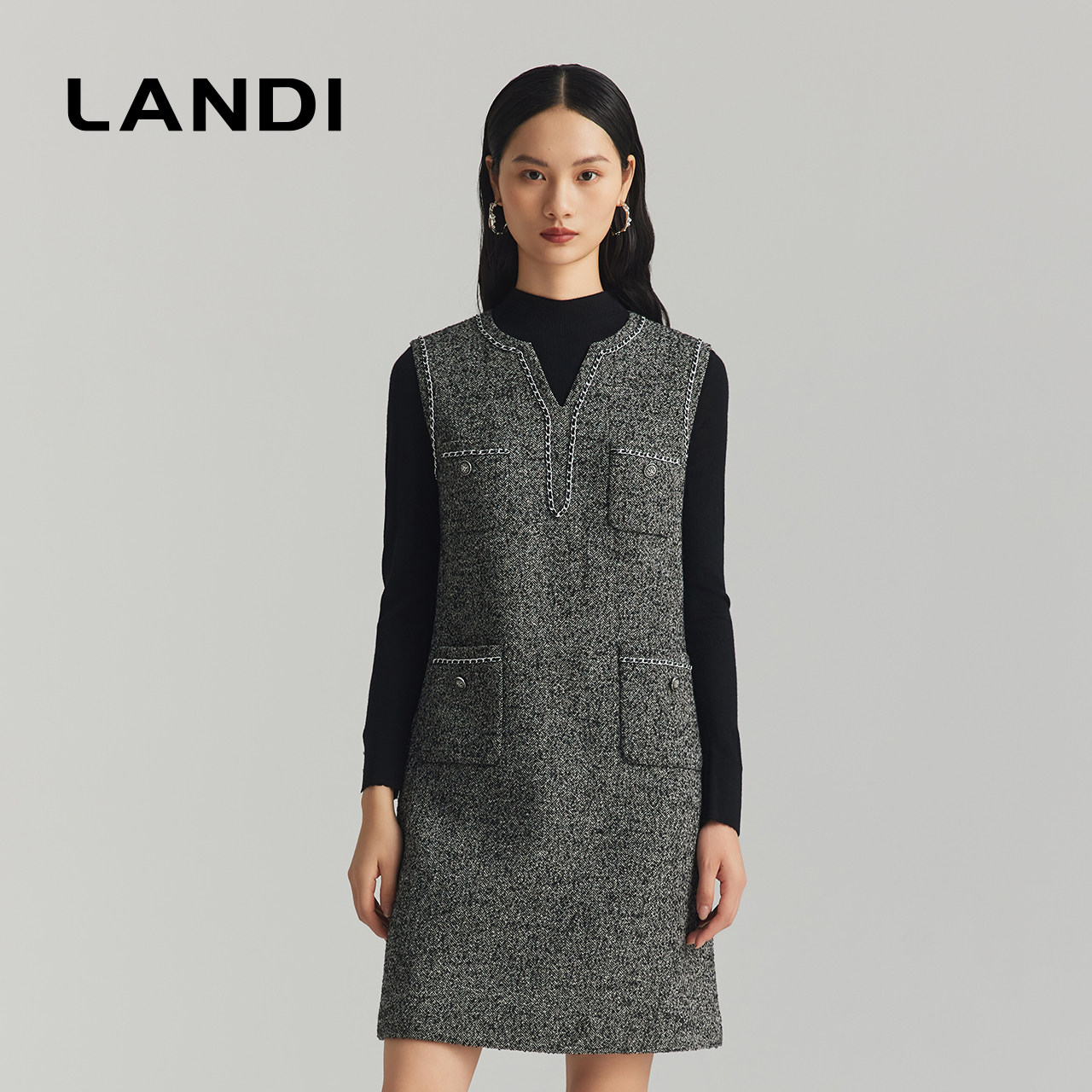 LANDI高阶灰假两件针织连衣裙
