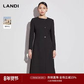 通勤风衣外套女秋新品 LANDI绵羊毛黑色圆领设计感修身 中长款