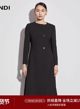 LANDI绵羊毛黑色圆领设计感修身中长款通勤风衣外套女秋新品