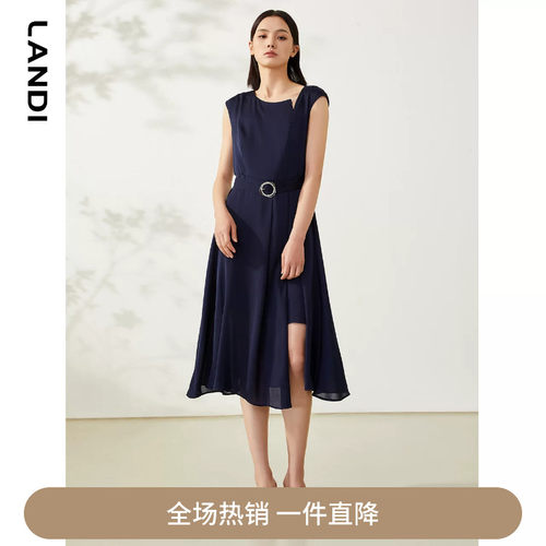 LANDI不对称领设计感收腰显瘦连衣裙女无袖修身中长裙夏新品