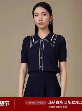 LANDI藏蓝色设计感撞色提花针织衫女短袖套头上衣秋新品