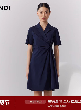 LANDI藏蓝色法式西装领收腰抽褶通勤衬衫式连衣裙女夏新品