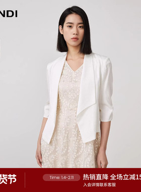 LANDI桑蚕丝白色艺术驳领抽褶七分袖知性小西装外套女夏新品