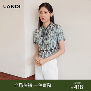 套头上衣2024夏新品 LANDI蓝地波西米亚风印花飘带领衬衫 女短袖