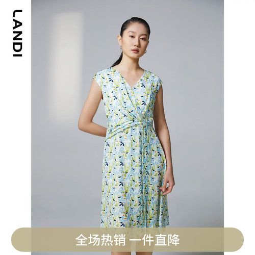 LANDI蓝地花田浪漫V领设计感印花碎花连衣裙女短袖裙子夏季新款