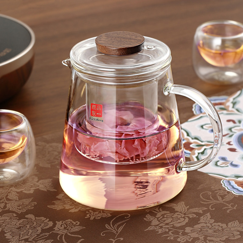 品一恒高硼硅茶壶木珠防烫盖子功夫茶壶茶具三件杯茶水过滤壶耐热图片
