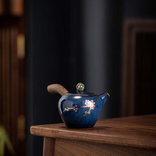 陶瓷茶壶茶具家用功夫茶具陶瓷泡茶壶小茶壶实木把茶壶丰子兔毫蓝