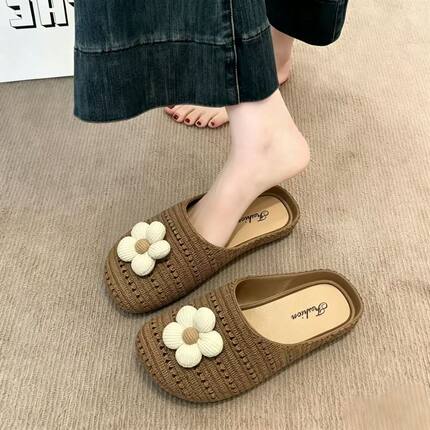花朵仿编织PVC女夏季平跟包头半拖鞋外穿百搭女鞋一脚蹬休闲鞋