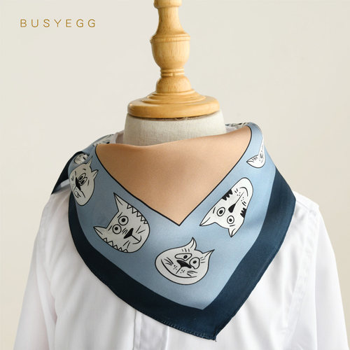 busyegg手绘猫咪真丝桑蚕丝丝巾